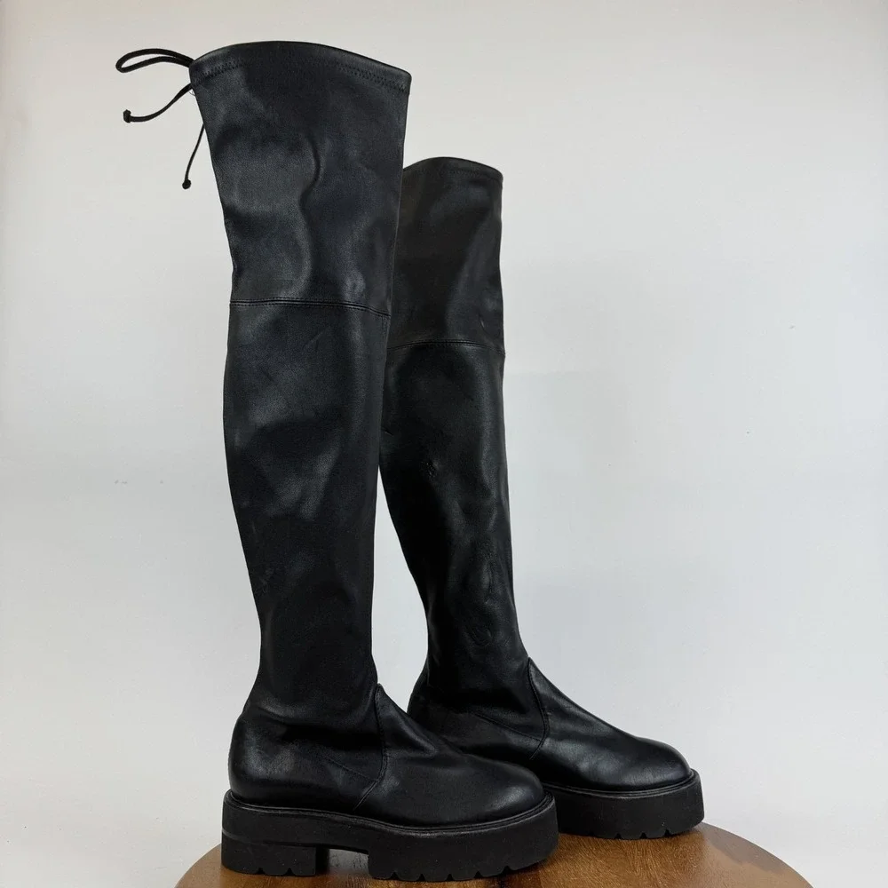 Womens Stuart Weitzman Lowland Ultra Lift Black Leather Over The Knee Boots Sz 5